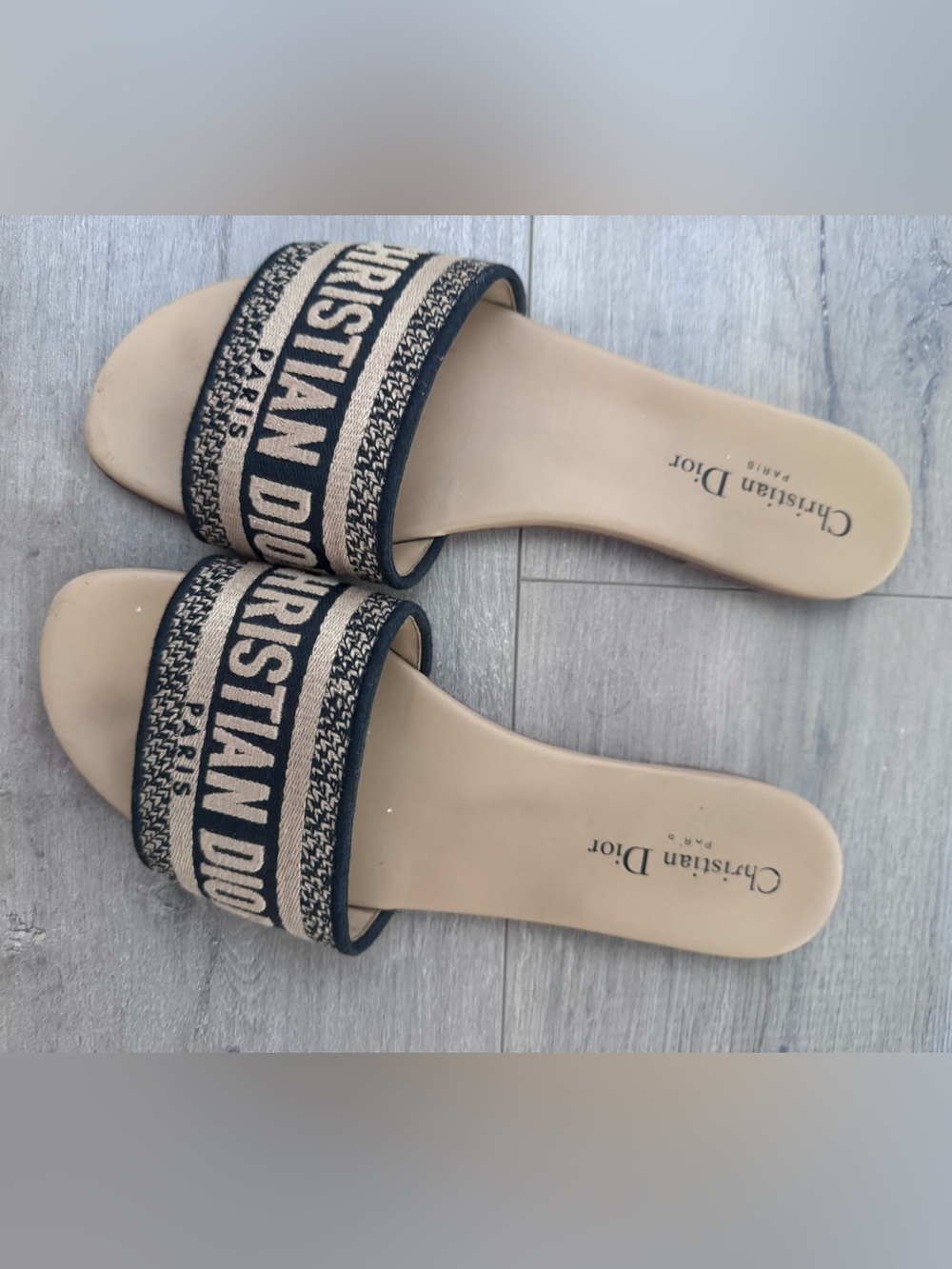 Dior Beige and Black Logo Canvas Slide Sandals